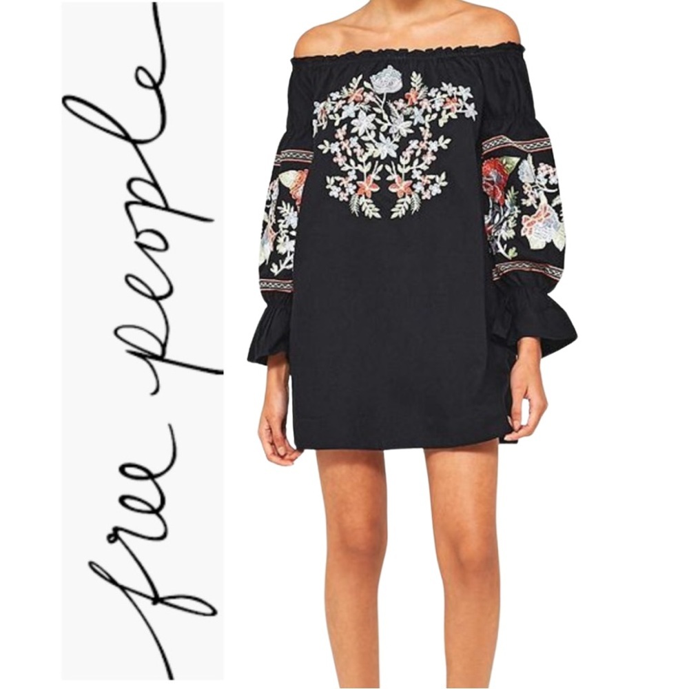 Free‎ People Black Embroidered Off Shoulder Boho Mini Dress Tunic M